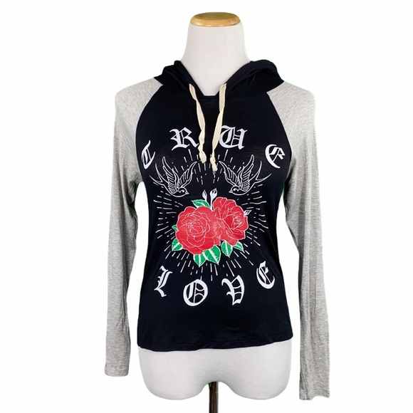 Black True Love Long Sleeve Hooded Graphic Tee